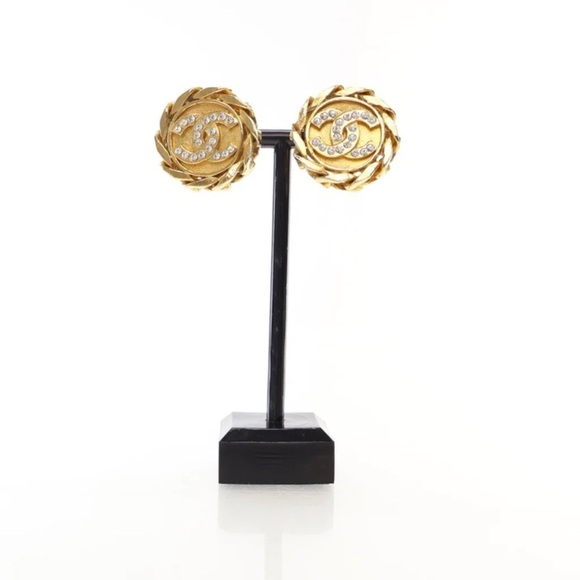 Authentic CHANEL vintage 1990s Gold Plated CC rhinestone Clip on earrings - Picture 2 of 11